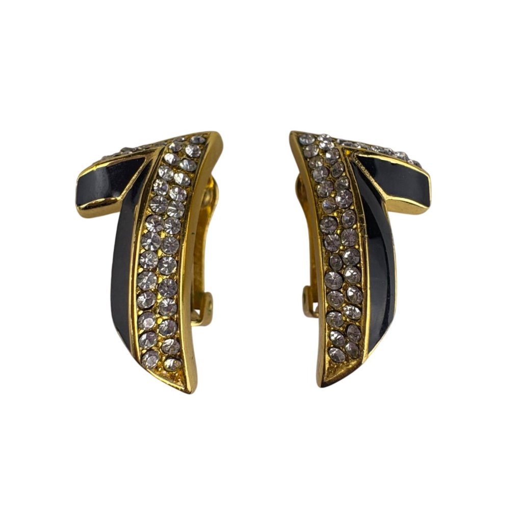 Christian Dior Womens Gold Tone Black Rhinestone Clip-On Earrings Fashion Jewel 159$